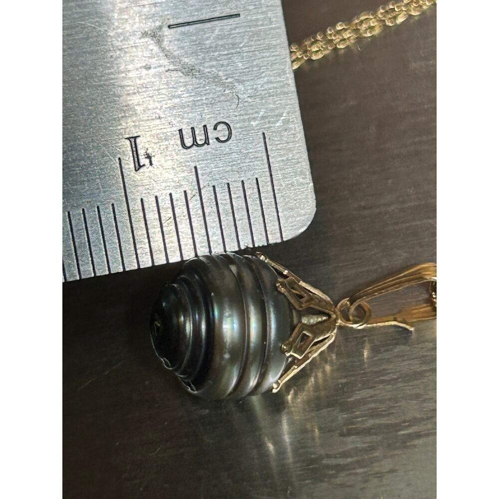 Vintage 14k Yellow Gold Baroque Dark Gray Pearl Art Deco pendant necklace 18.5” - Picture 6 of 14